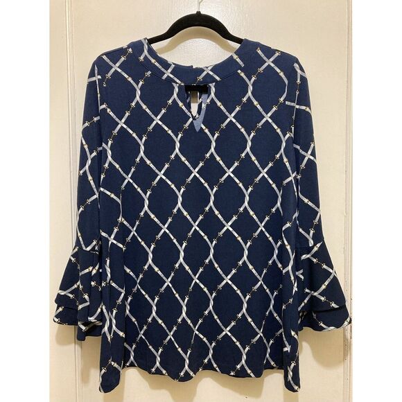 Charter Club Top Womens L Blue Equestrian Belt Print Bell Sleeve Keyhole Stretch - Picture 1 of 8